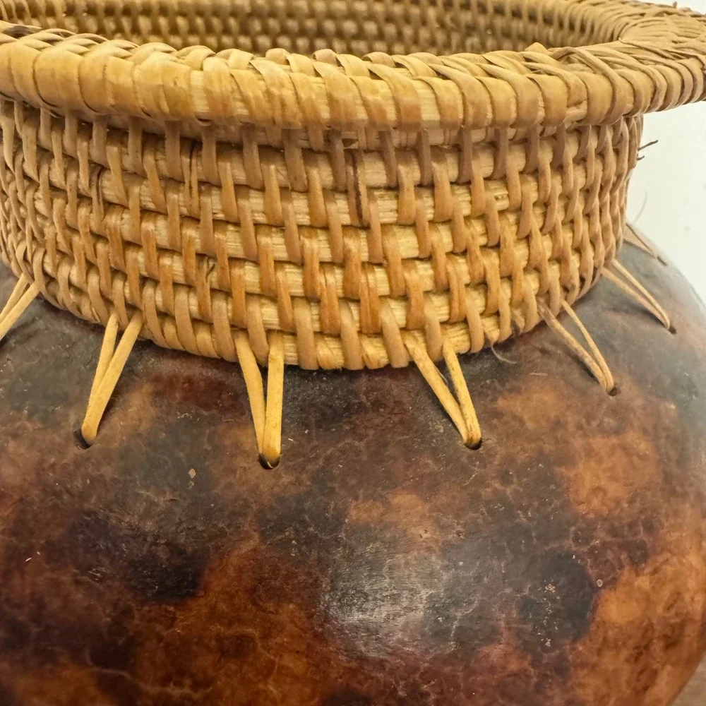 Vintage Handcrafted Rattan Woven Neck Brown Mottled Gourd Style Decorative Vase